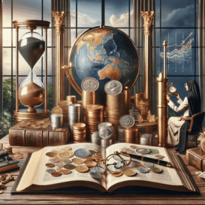 A luxurious table layout illustrating financial growth. On the solid oak table lies an assortment of antique gold and silver coins, stacks of paper money from various global currencies, and an ornate hourglass signifying the passage of time. Balancing the scene are various investment-themed books open to chapters on growth strategies and a retro, brass telescope pointing towards a star chart on the wall - symbolizing foresight and planning. In the background, a tall glass window showcases a lush garden scene to imply the fruitfulness of wise investments. A Middle-Eastern woman in stylish business attire seated at the table peruses the open books.