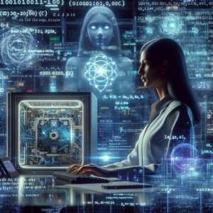 A futuristic depiction of the year 2026, where the landscape of technology has been transformed. In the foreground, a South Asian female scientist is working on a quantum computer, with complex equations floating around her. The quantum computer is a sleek, modern device, glowing with neon lights. In the background, projections of binary numbers and quantum physics equations fill the air, illustrating the technological atmosphere. The setting is a high-tech lab, filled with state-of-the-art equipment and screens displaying intricate data patterns.